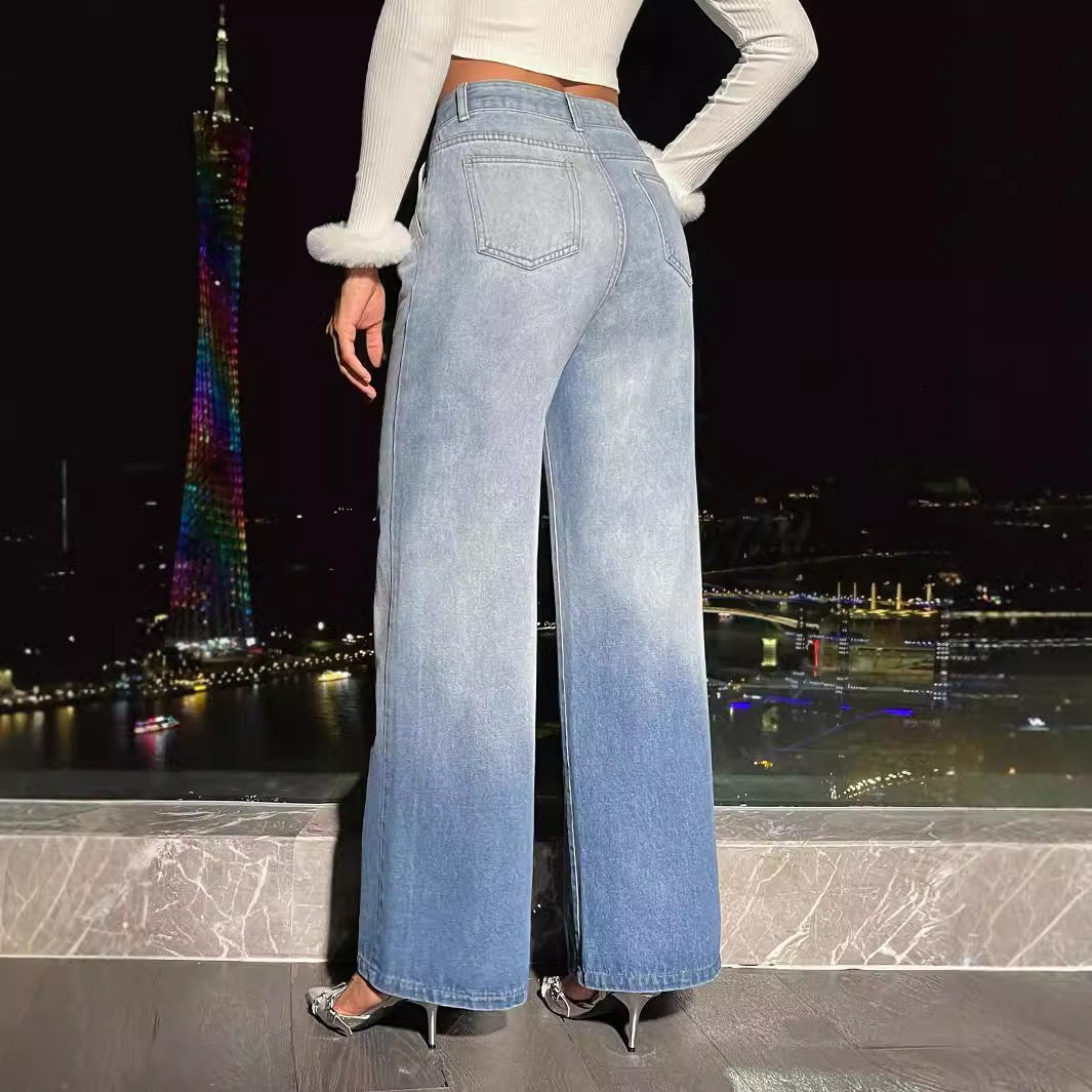 Women’s light blue ombre wide-leg denim trousers with high heels, stylish fashion choice