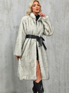 Long faux fur overknee thickened coat in light gray with black leather belt