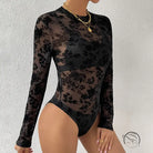 Black floral lace mesh slim fit long-sleeve see-through bodysuit
