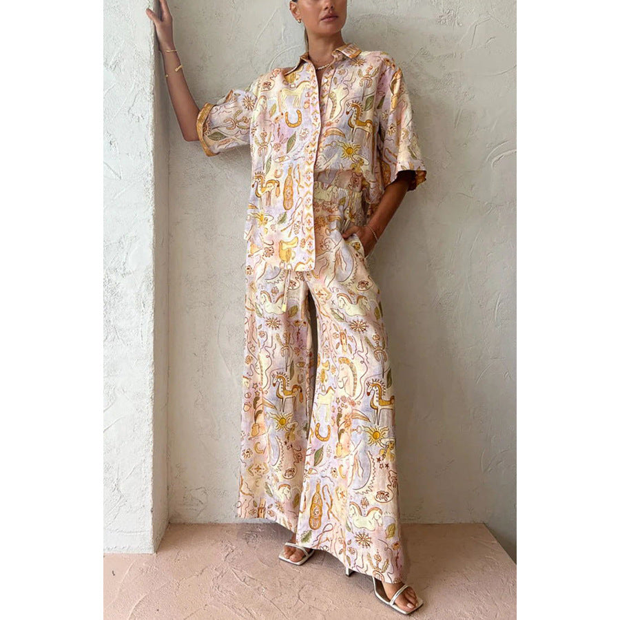 Printed two-piece pajama set showcasing summer casual fashion and comfortable ملابس for women