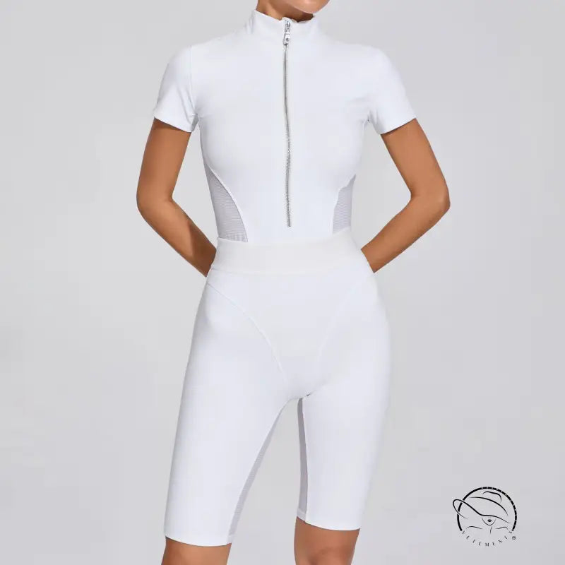 Tight Waist Open Collar Zipper Short Sleeve Yoga Jumpsuit Women Patchwork Fitness Sports