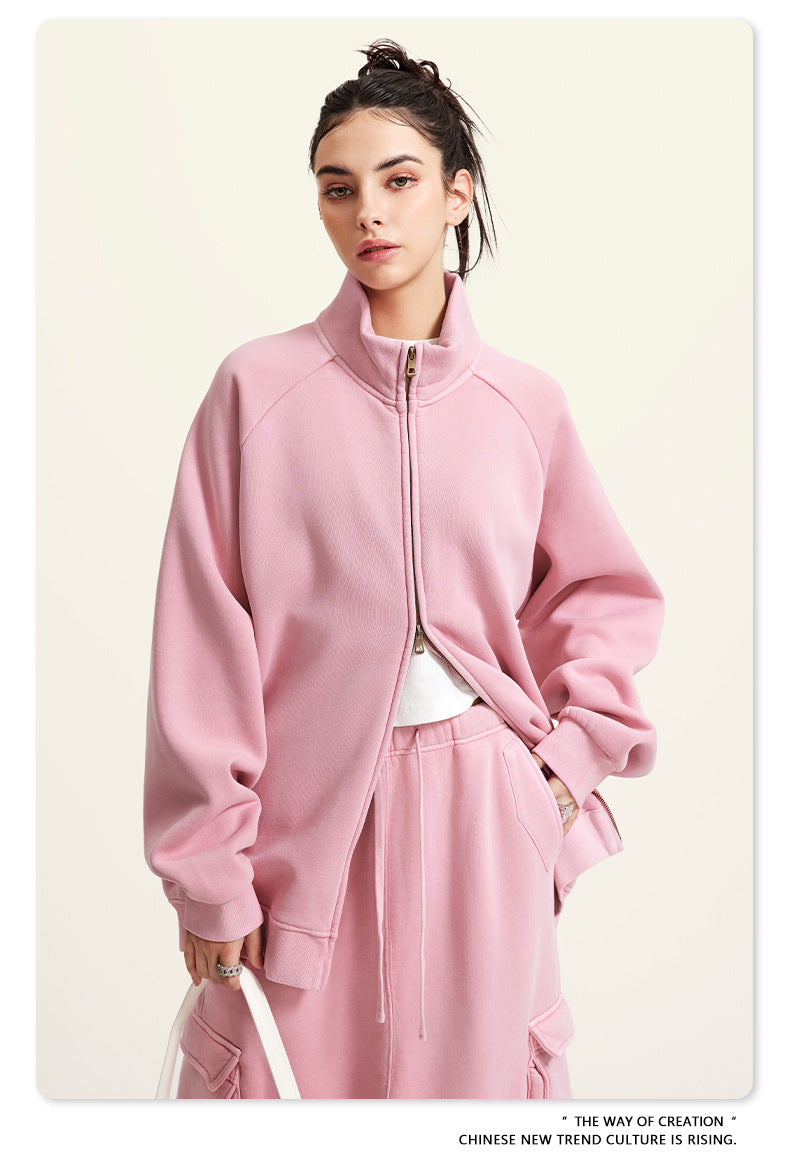 Pink zip-up sweatshirt with high collar and relaxed fit for Langry fashion ملابس