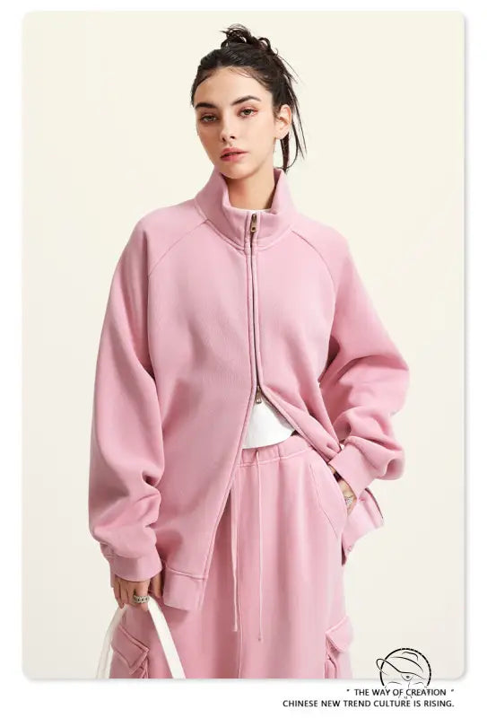 Pink winter heavy retro jacket with high collar and relaxed fit