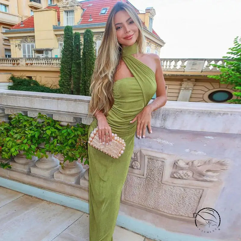 Elegant green one-shoulder langry fashion dress with slim fit long ribbon