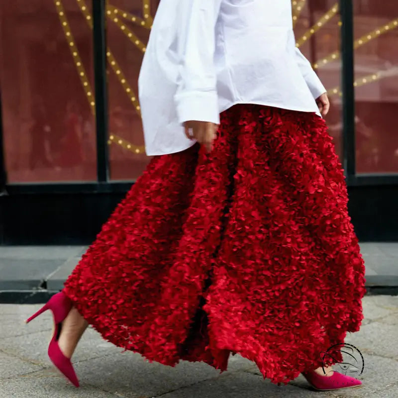 Red textured maxi skirt in winter petal design long skirt