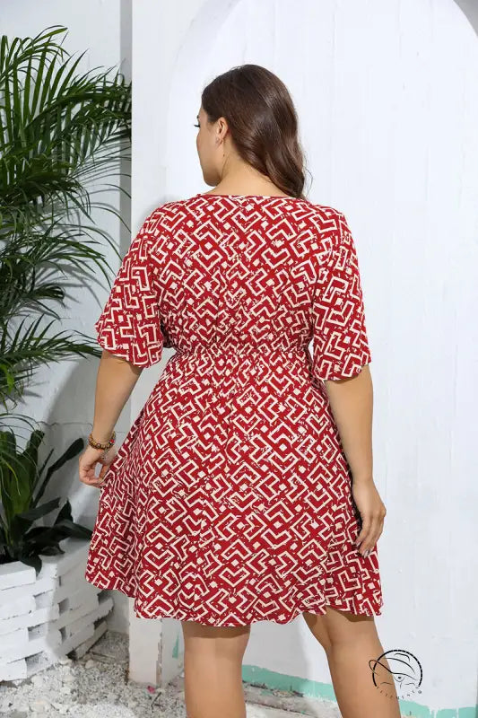 Red and white geometric casual v neck loose dress with flutter sleeves