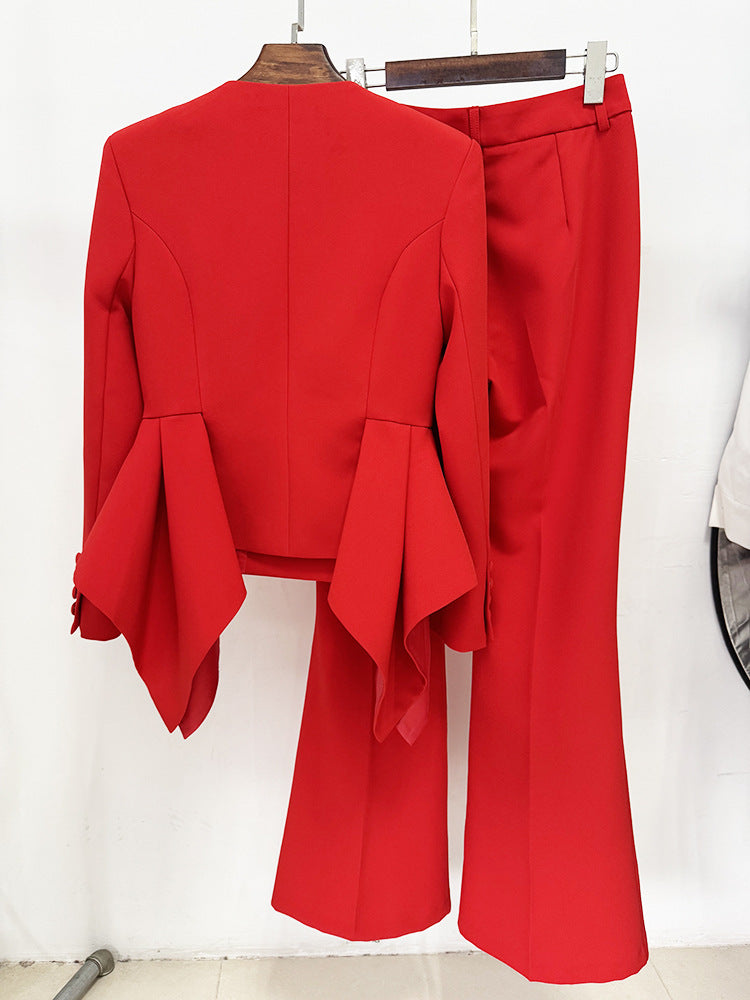 Langry fashion red bell-sleeve blazer and bootcut pants set in smooth wool fabric