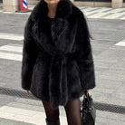 Langry black faux fur mid-length belt coat with oversized collar
