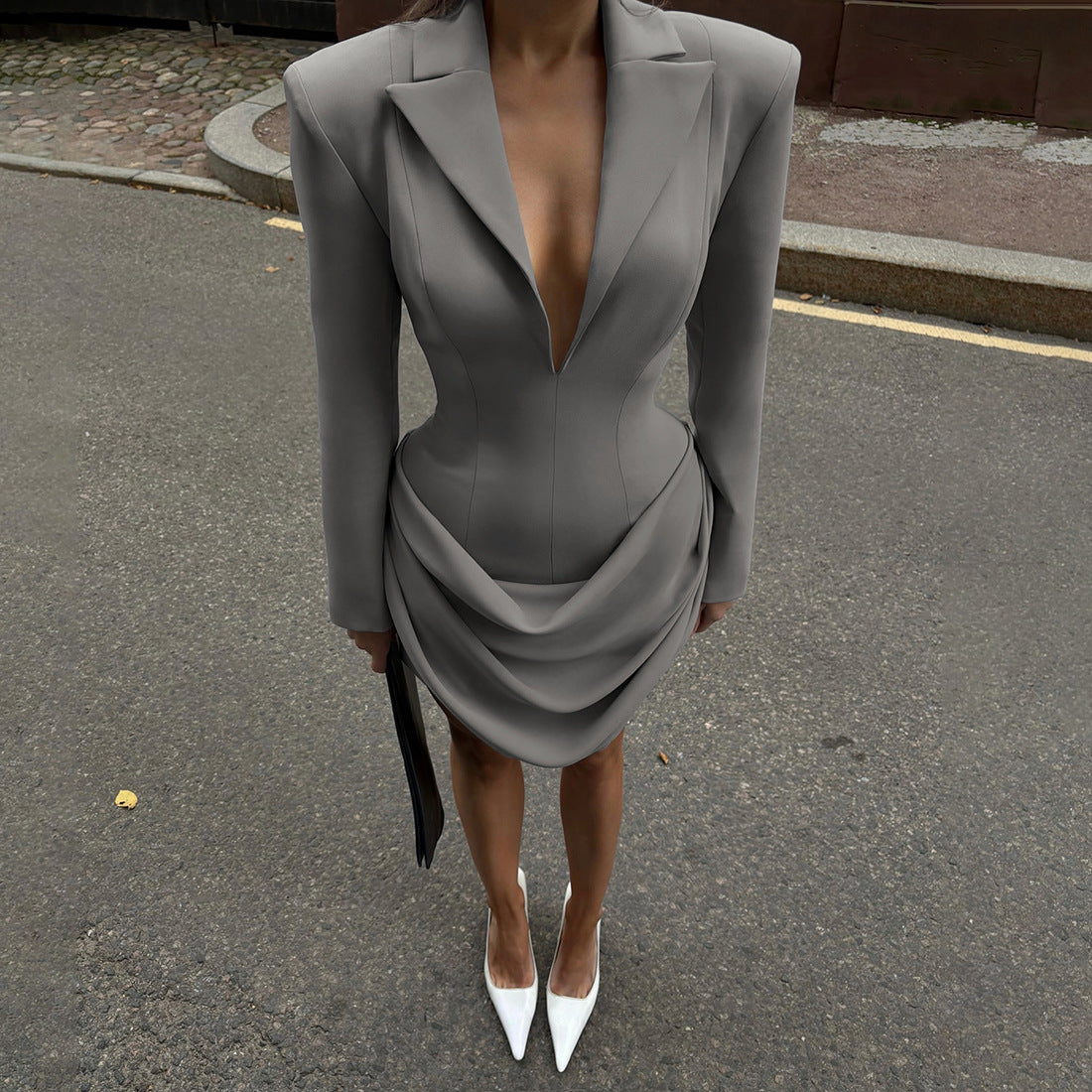 Slim deep V plunge neck gray blazer dress with ruched detailing and white high heels, Langry fashion ملابس