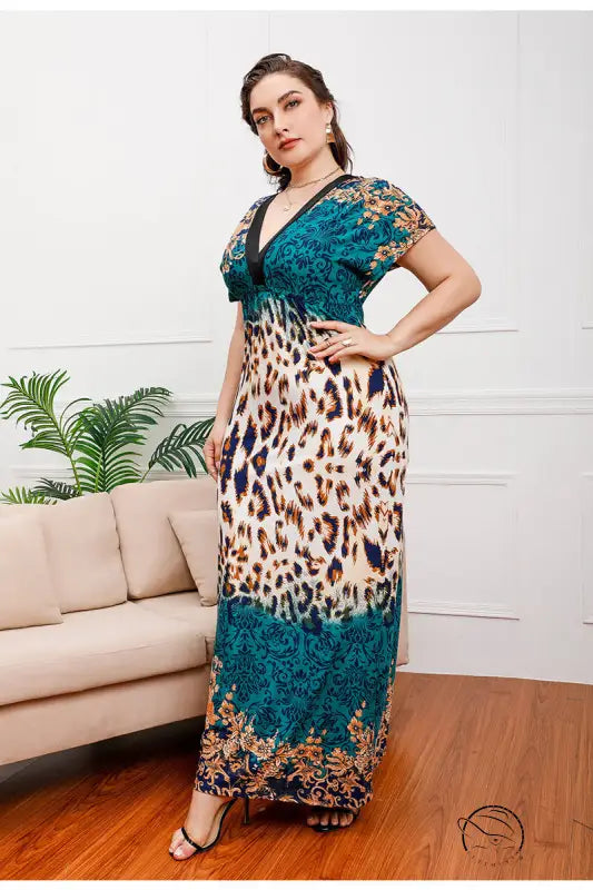 Woman in patterned maxi holiday beach dress