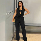 Langry fashion black halter deep V plunge neck backless jumpsuit with cutout detail