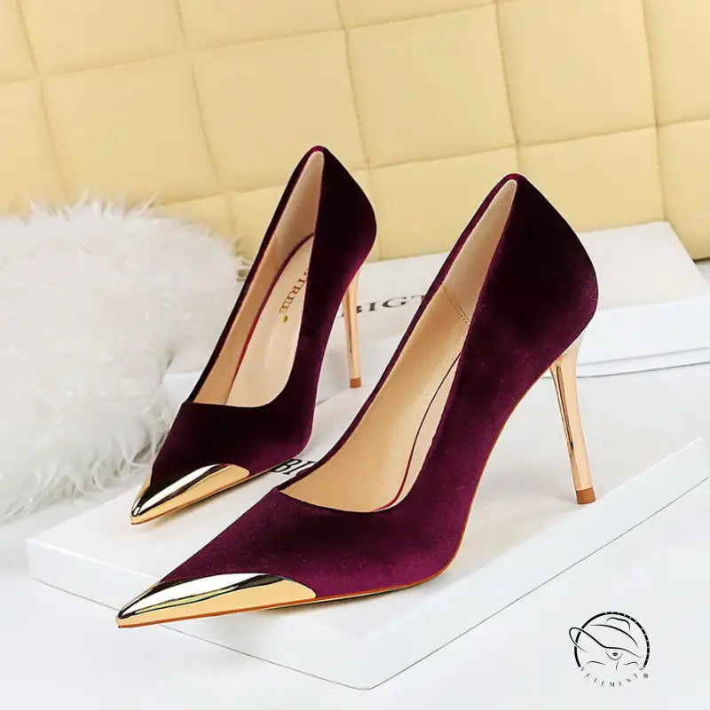 Burgundy suede langry fashion pumps with gold pointed toes and stiletto heels