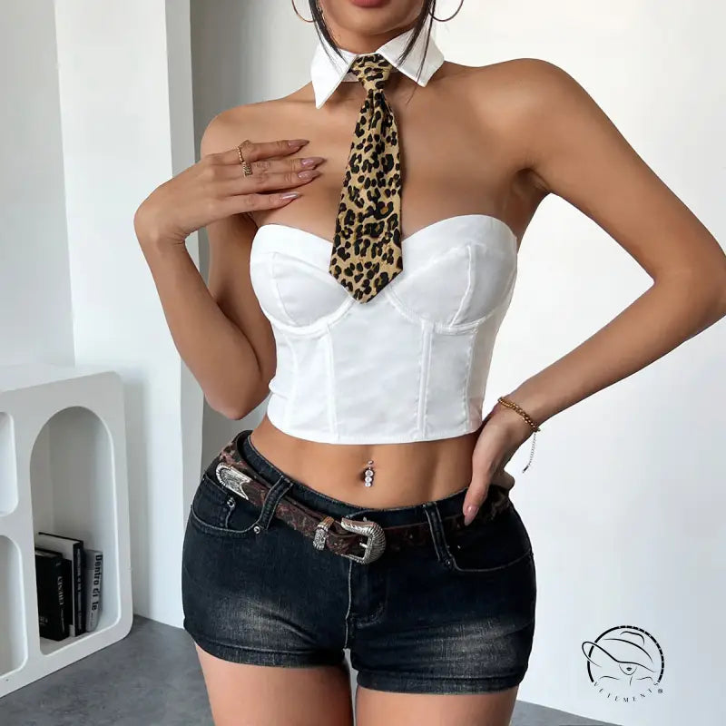 White wild leopard halter corset crop top with tie and collar