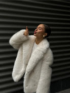 Winter Warm Faux Fur Coat with Pearl Earrings