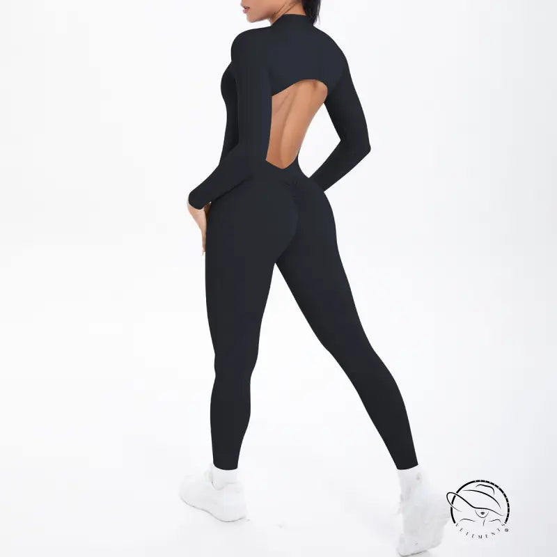 Black long-sleeve yoga bodysuit with back cutout, Long Sleeve Yoga Zipper One Piece