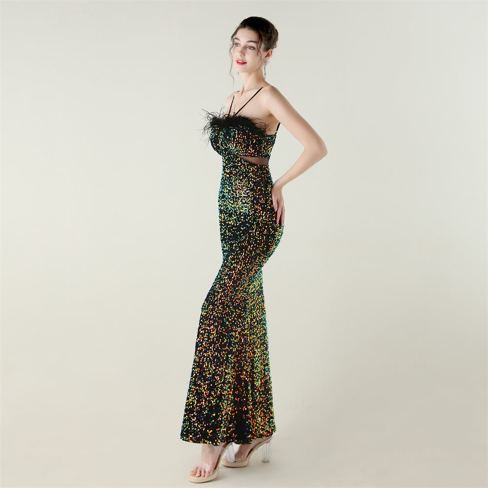 Langry green sequined strapless ostrich feather evening gown in fashion ملابس