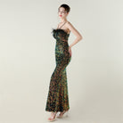 Langry green sequined strapless ostrich feather evening gown in fashion ملابس