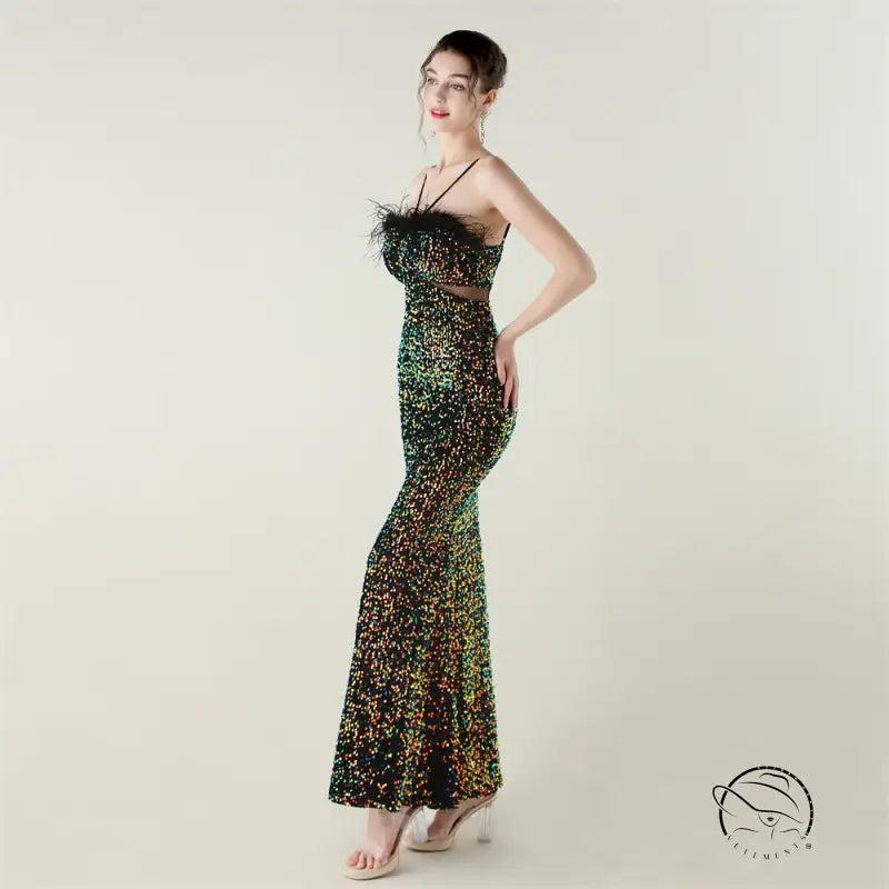Green sequined strapless langry fashion gown with ostrich feather neckline
