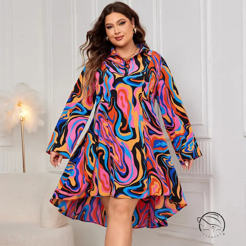 Vibrant multicolored abstract swirl polo collar loose maxi dress