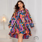 Vibrant multicolored abstract swirl polo collar loose maxi dress