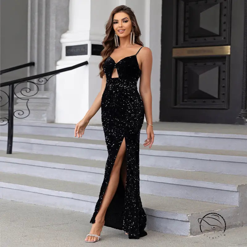 Elegant V-neck langry fashion dress with spaghetti straps and thigh-high slit