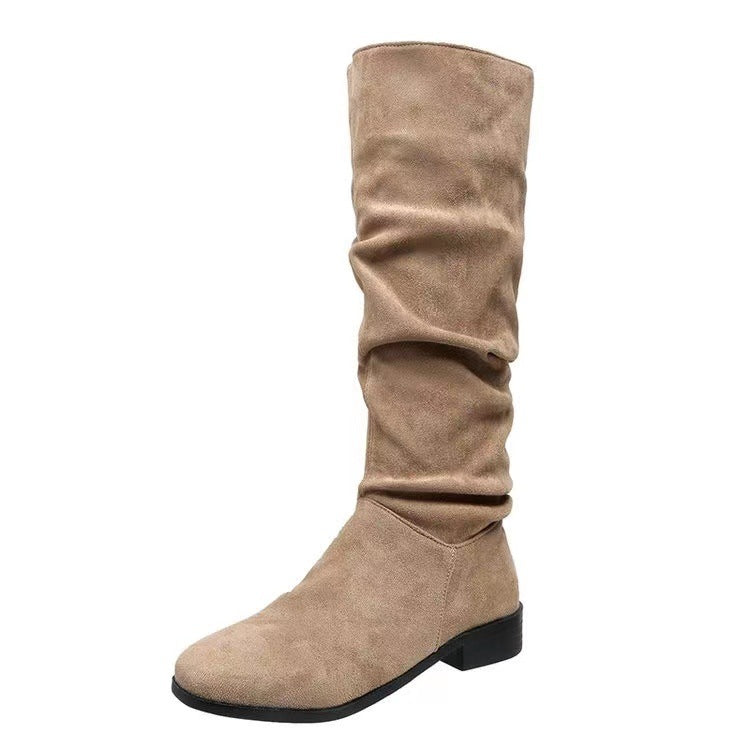 Pile Suede Slip on Knee High Boots