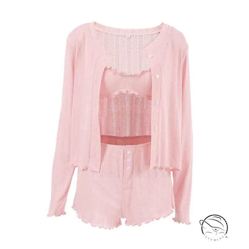 Breathable long pink ribbed knit pajama set with cardigan, camisole, shorts