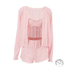 Breathable long pink ribbed knit pajama set with cardigan, camisole, shorts