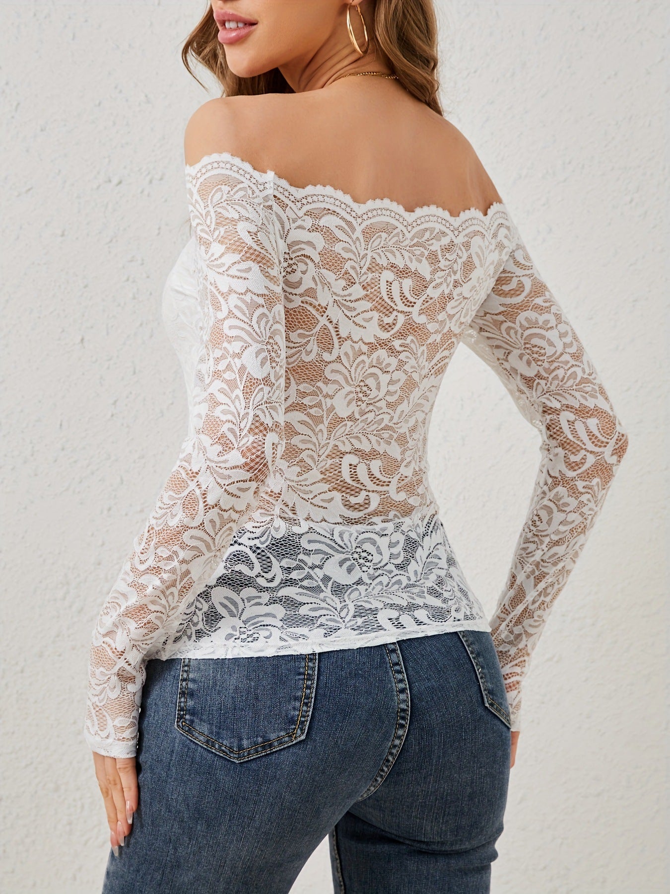 Elegant white lace off-the-shoulder slim fit T-shirt with floral pattern