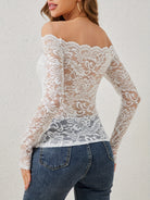 Elegant white lace off-the-shoulder slim fit T-shirt with floral pattern