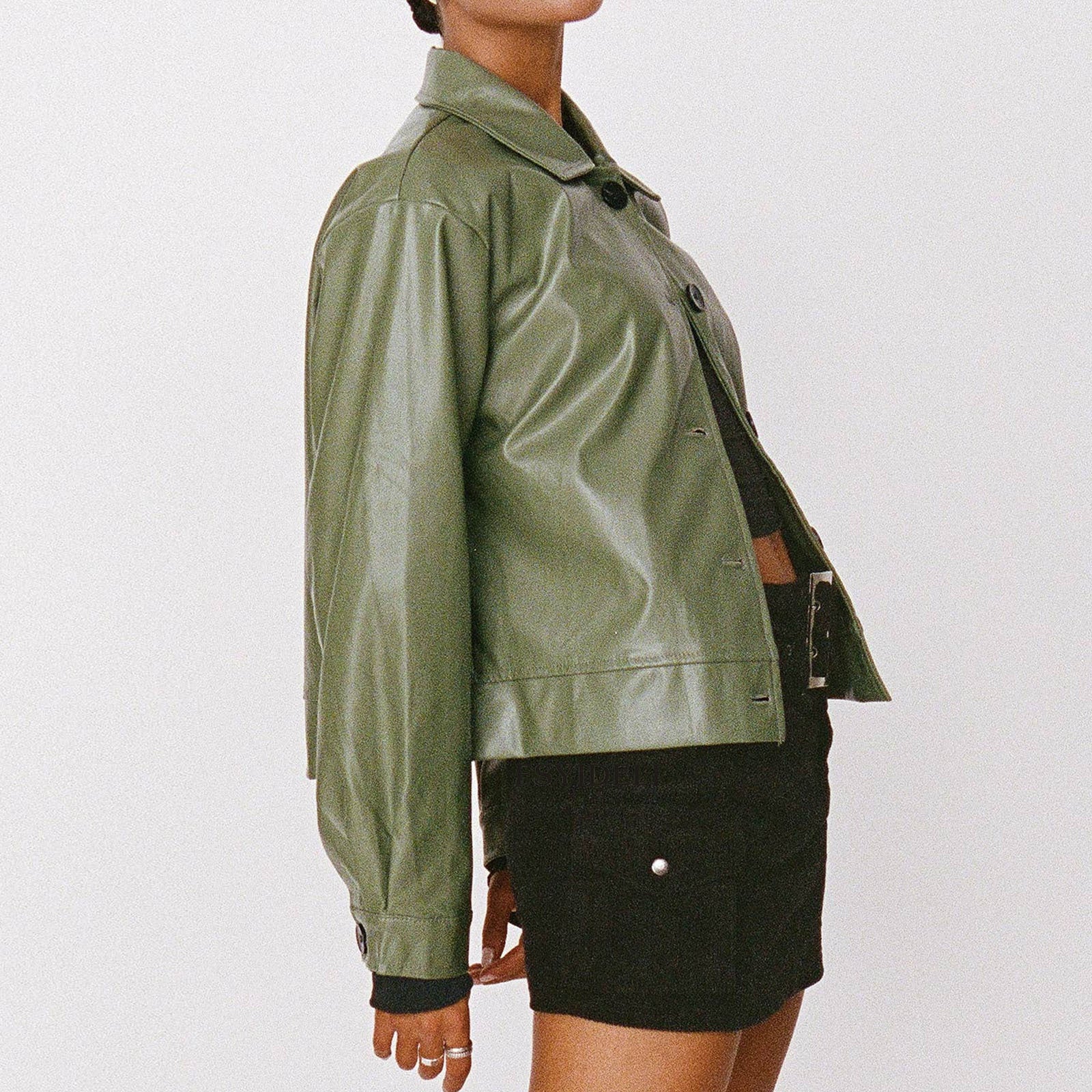 Langry loose faux leather jacket in olive green with button closure and patch pocket