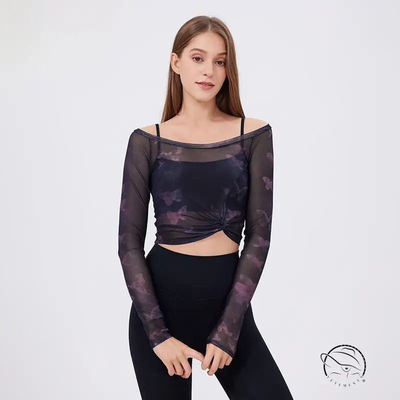 Floral Butterfly Faux Two Piece Sports t Shirt Women Long Sleeve with Chest Pad Yoga Clothes Mesh Top Quick Drying