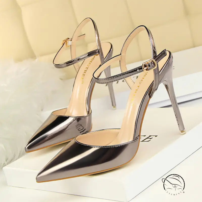 Leather slim fit strap high heel: metallic silver pointed-toe shoes with ankle straps