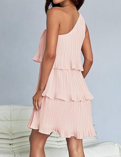 Pink one-shoulder layered stitching hem pleated sleeveless dress showcasing a stunning shoulder design