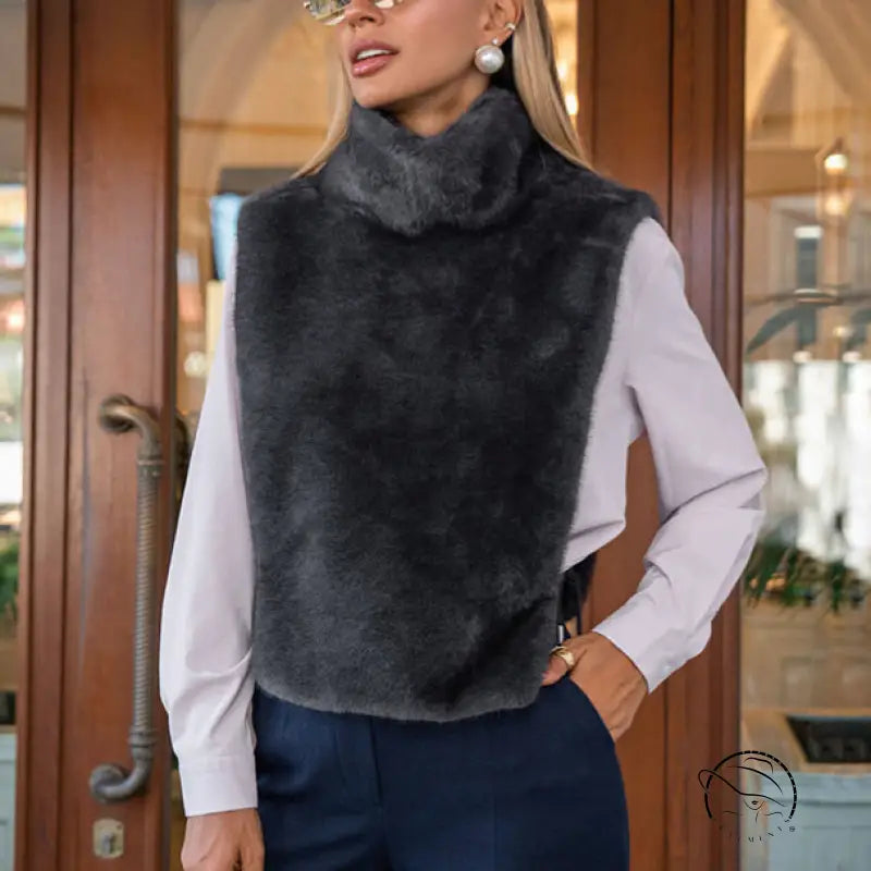 Langry dark gray faux fur vest with high collar for fashion ملابس