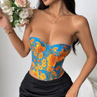 Langry fashion blue floral corset top with orange yellow flowers