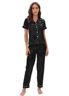 Langry black satin two-piece pajama set with piping and button front