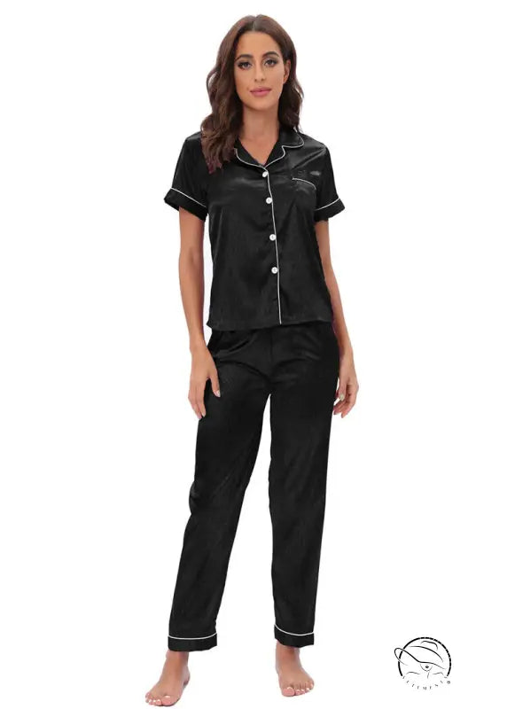 Langry black satin pajama set with piping and button front