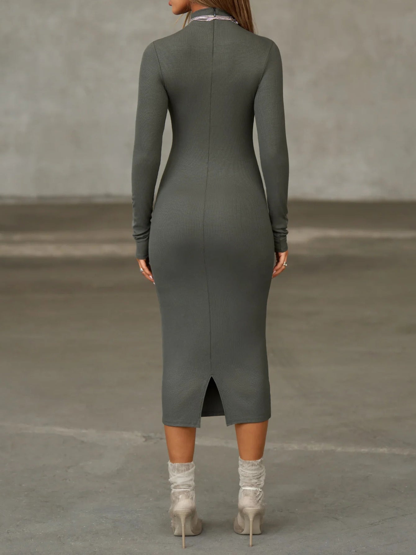 Sleek olive-green langry fashion midi dress with high neckline