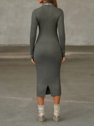 Sleek olive-green langry fashion midi dress with high neckline