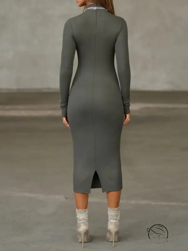 Sleek olive-green langry fashion midi dress with high neckline