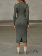 Sleek olive-green langry fashion midi dress with high neckline