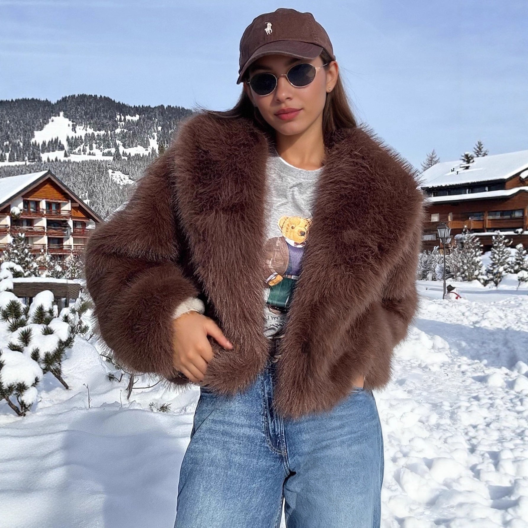 Langry faux fur effect plush coat in brown cropped style