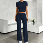 Navy blue langry fashion two-piece loungewear set with cropped top and wide-leg pants