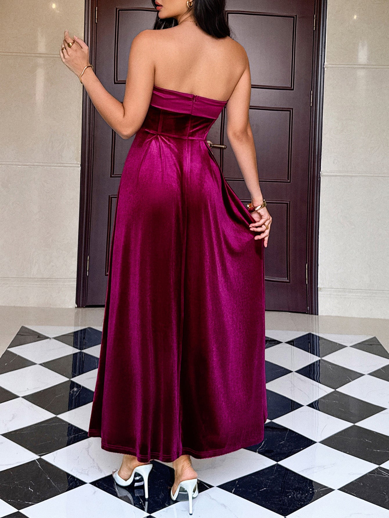 Elegant langry fashion burgundy satin strapless maxi gown with high slit and bow