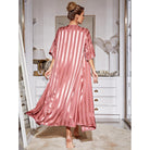 Elegant pink and white striped satin langry robe with bell sleeves