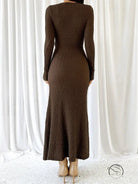 Beautiful knitted brown textured long-sleeved dress