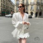 White v neck lantern sleeve pettidress casual fashion dress