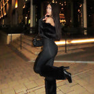 Langry fashion black leather high-heeled boot with gold buckle