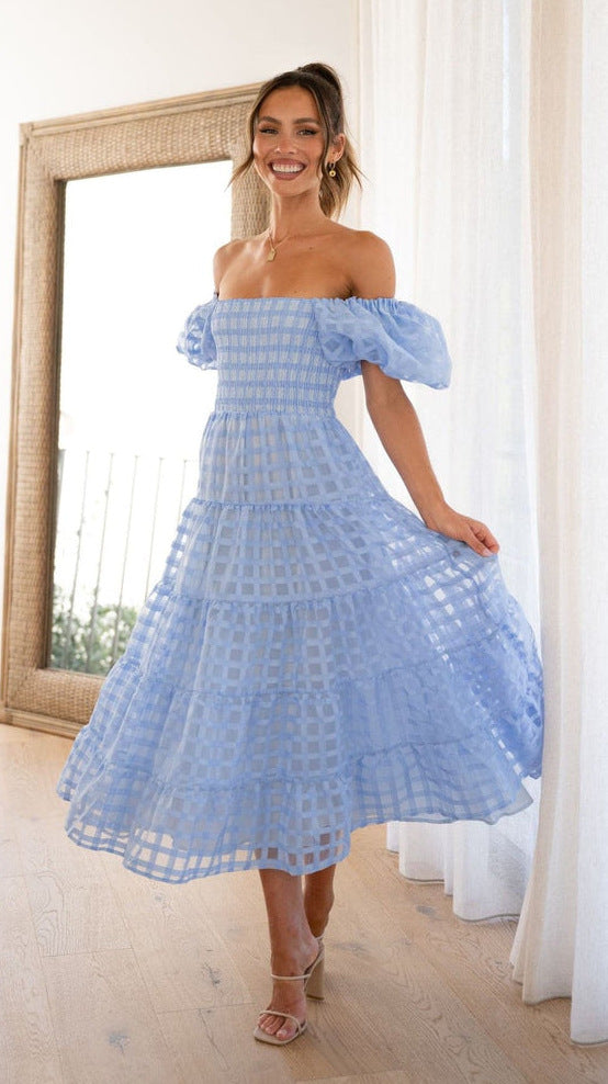 Light blue off-the-shoulder tiered Enchanting Lantern Sleeve Dress for fashionable ملابس